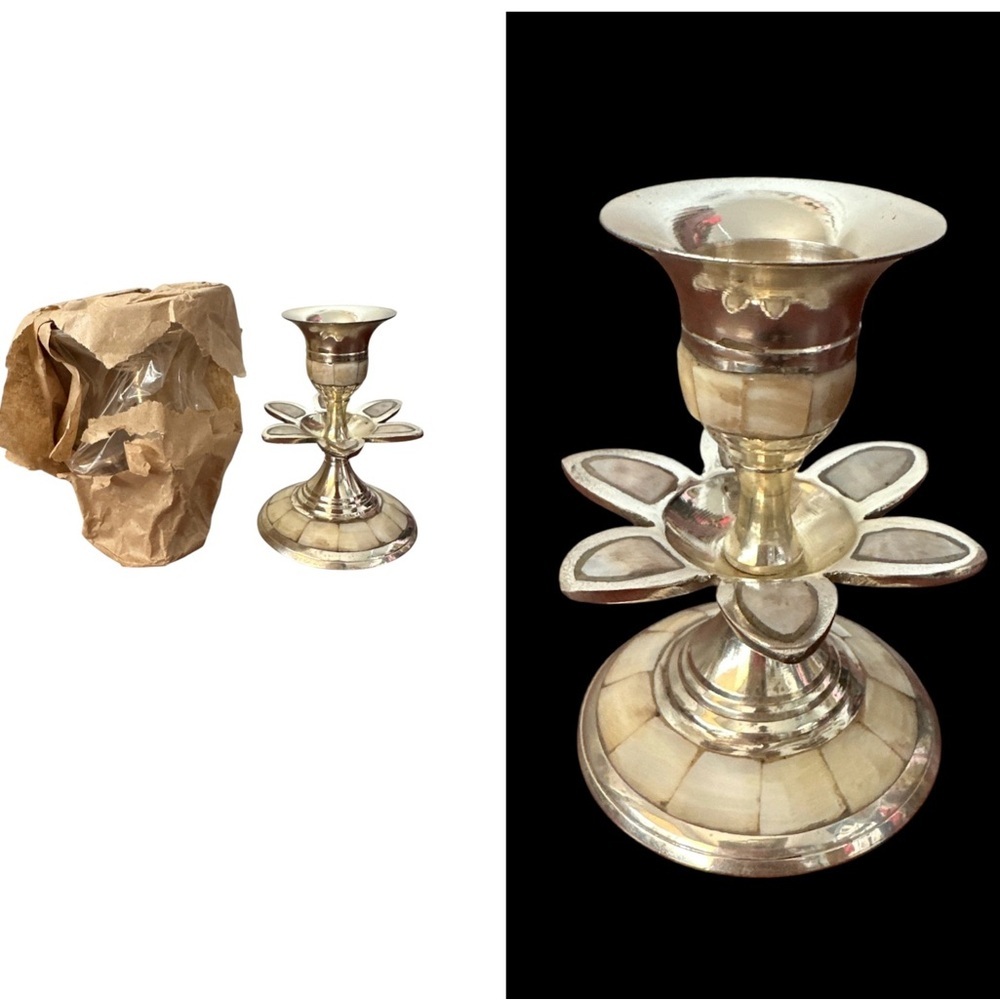 Home Brass Short Decorative Candlestick With Overlay Pair Of 2 Table Decor